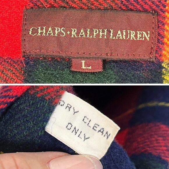 Vintage Chaps Ralph Lauren Mens Large Plaid Wool Shirt Elbow Patches Leather - Picture 6 of 15